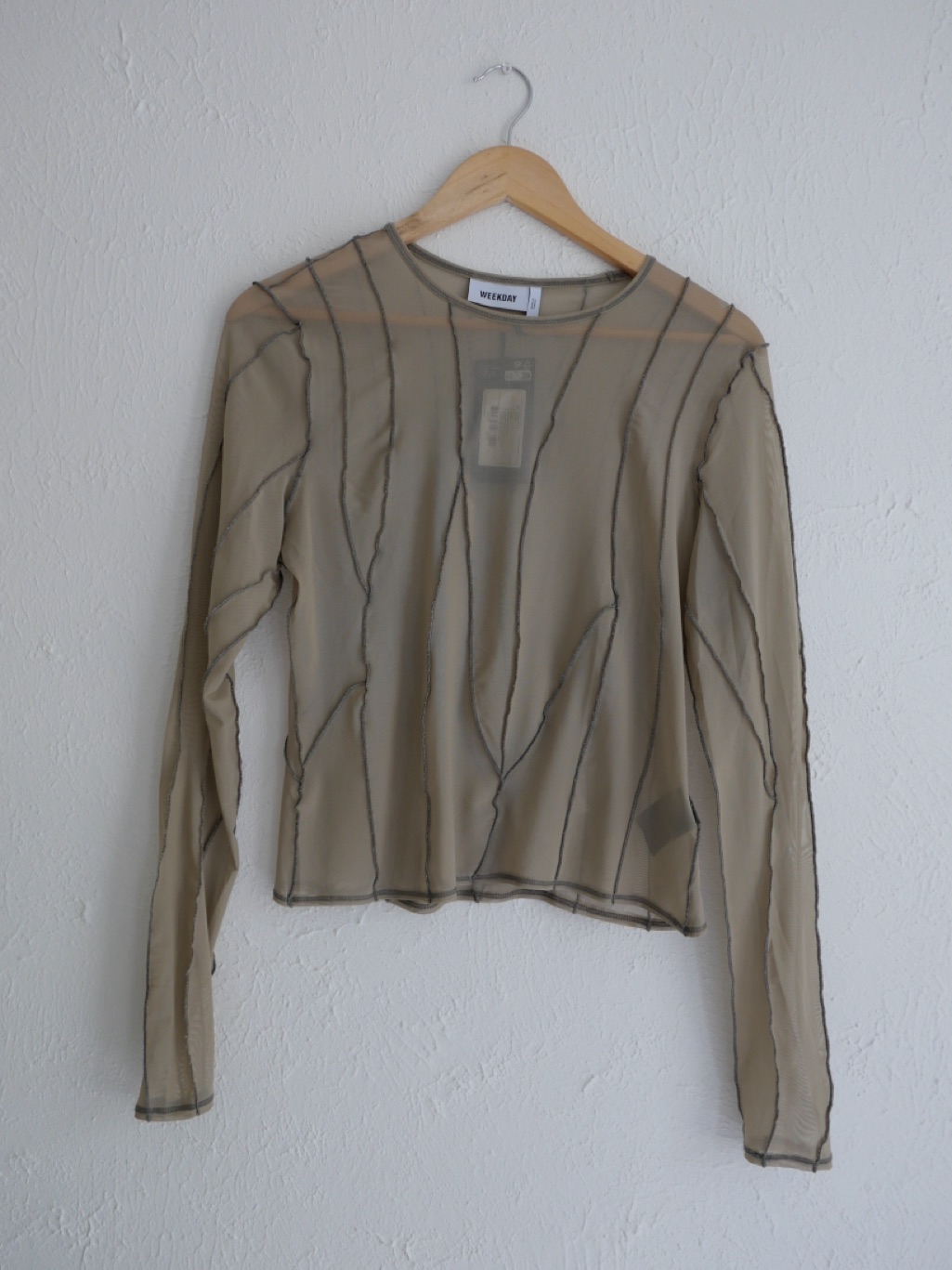 Weekday Olive Sheer Mesh Long-Sleeve Top